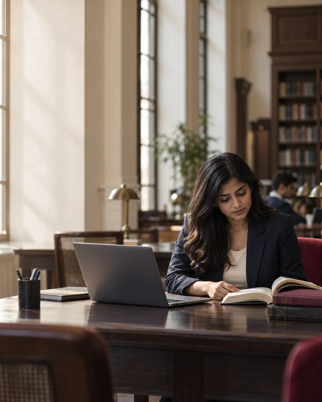 Student reading with a laptop in a sunlit library reading room