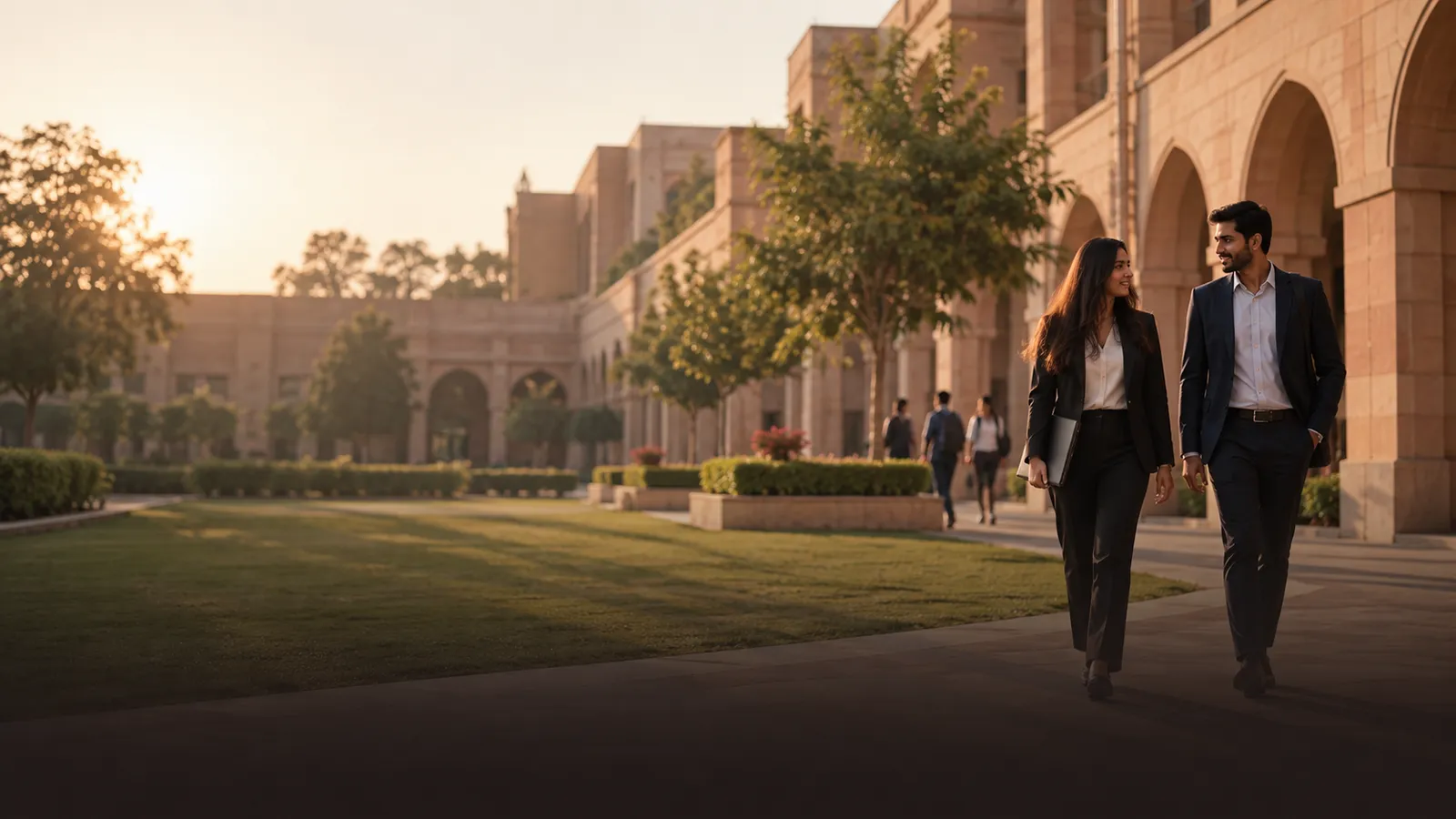 Two students crossing a sandstone campus courtyard with arched colonnades in late afternoon light